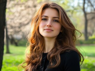 Fototapeta premium Springtime portrait of a beautiful woman with long brown hair in a lush green park, soft natural lighting, ample empty space for text in the background.