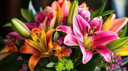 Vibrant Summer Bouquet of Colorful Lilies and Foliage in a Lush Floral Arrangement