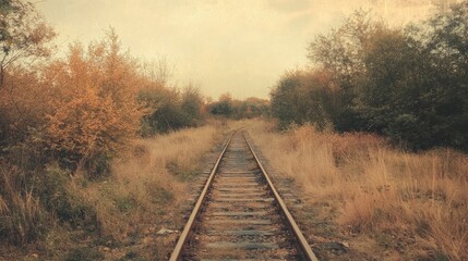 Obraz premium Abandoned railway tracks in a serene autumn landscape with a nostalgic vintage effect and warm earthy tones.