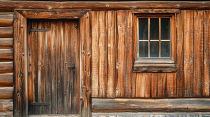 Wooden door and window on rustic log cabin wall showcasing natural textures and earthy tones in a historical architectural setting