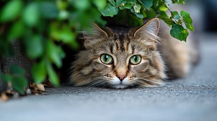 Fat tabby cat resting under bushes with captivating green eyes in an urban outdoor setting, blending with nature and showing curiosity.