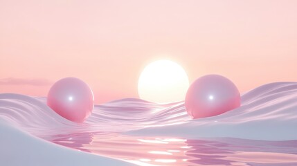 Minimalist abstract ocean landscape with soft pink lighting and reflective pearls creating a serene and tranquil atmosphere in 3D render