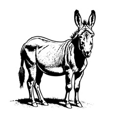 donkey sketch engraving black and white outline. Scratch board imitation.
