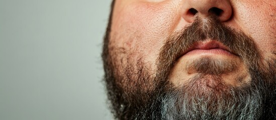 Obraz premium Close-up portrait of an older overweight man with a thick beard and expressive facial features against a light neutral background ideal for text placement