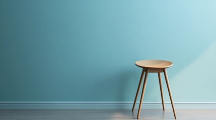 Stylish Minimalist Wooden Stool Against Soft Blue Wall with Empty Space for Design and Text Overview