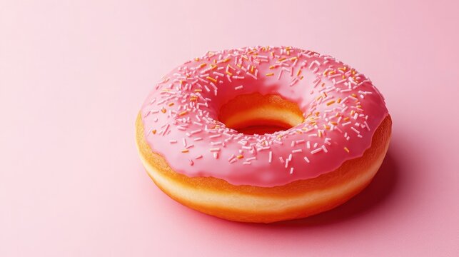 pink frosted donut with colorful sprinkles on a soft pink background perfect for dessert or bakery themes in advertising and marketing