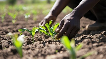 Farmers planting young rice seedlings in fertile soil during the agricultural season in a rural environment.