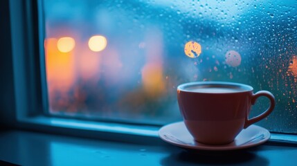 Fototapeta premium Warm Aroma of Coffee in a Mug with Steam Against a Rain-Soaked Night City Street Background for a Calming Scene 