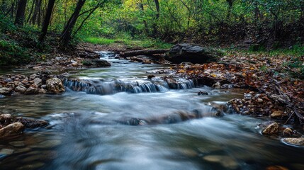 Serene forest stream flowing over rocks surrounded by lush greenery in a tranquil woodland setting