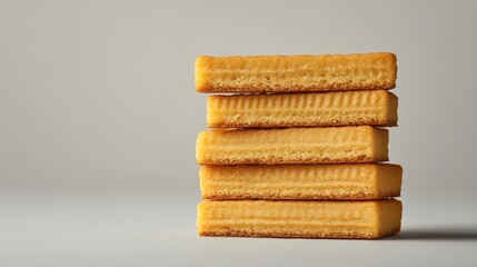 Fototapeta premium Stacked rectangular sweet cookies in five layers set against a neutral background showcasing their texture and shape with clipping path.