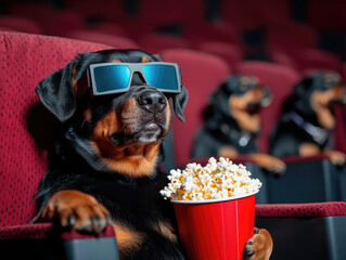 Rottweiler in Sunglasses Enjoys Popcorn While Watching a Movie in a Theater