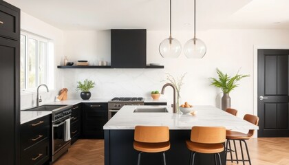 A kitchen with matte black cabinetry, marble countertops all furniture included for home kitchen ideas