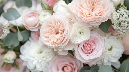 Delicate floral arrangement with pink and white roses featuring lush blooms and greenery for elegant decor or event styling.