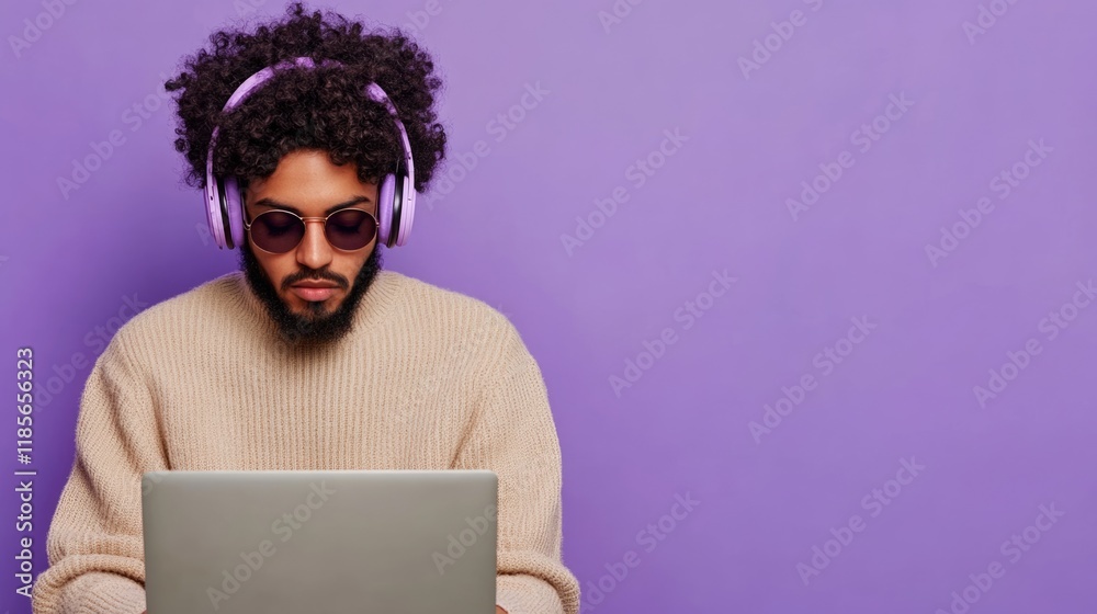 Fototapete curly haired man wearing sunglasses and headphones using laptop on violet background with ample copy