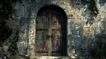 Ancient wooden door with iron accents against a weathered stone wall in a historic fortress setting