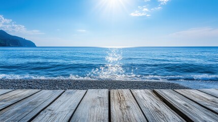 Obraz premium Sunlit ocean waves lapping against wooden deck coastal landscape tranquil seaside view nature vibes