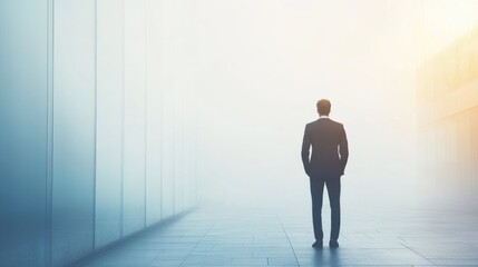 Obraz premium Stressed businessman in formal suit standing alone in foggy cityscape with empty space for text, soft warm light illuminating background spaces.