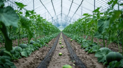 Melon Varieties in Greenhouse Cultivation Showcasing Ripe and Unripe Fruits on Vines amidst Lush Green Foliage and Fertile Soil