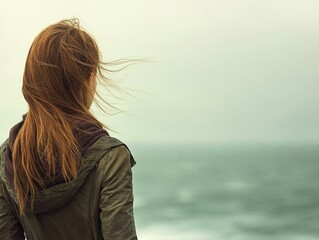 woman standing at the ocean coast with flowing brown hair wearing a dark jacket against a moody sea background with ample negative space for text