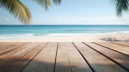 Fototapeta premium Serene Empty Wooden Terrace Overlooking a Blurred Tranquil Beach Scene with Gentle Waves and Palm Trees in the Background