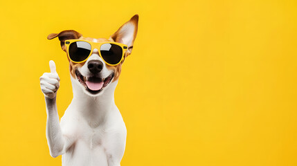 A Joyful Dog Sports Sunglasses and Gives a Thumbs Up Against a Bright Yellow Background, Radiating Fun and Happiness.