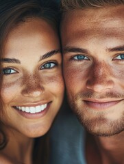 Close up portrait of a joyful young couple with bright blue eyes and sun-kissed skin, positioned centrally against a soft blurred background with ample copy space for text.