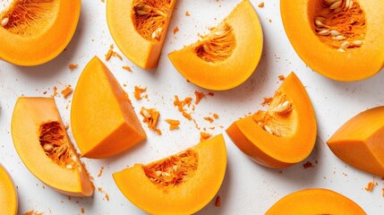 Sliced ripe orange pumpkins with seeds on a white surface showcasing fresh autumn produce and healthy culinary options