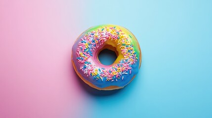 Colorful glazed donut with sprinkles on a pastel background ideal for desserts and confectionery themes
