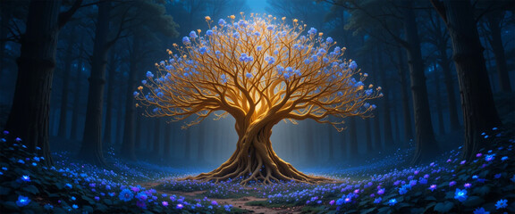 Golden tree with glowing branches in a mystical forest, landscape background