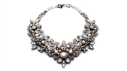 Obraz premium Elegant floral statement necklace with pearls and crystals on a white background for contemporary fashion accessories.