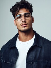 Fototapeta premium Attractive young Middle Eastern male model wearing glasses, posing confidently against a neutral background with ample empty space for text, fashion, portrait, model photography.