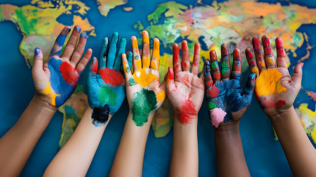 Hands in vibrant colors symbolize unity, diversity, and creativity against a world map backdrop, showcasing the beauty of cultural differences.