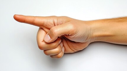 Right hand showing pointing finger gesture against a clean white background for emphasis in communication and direction guidance.