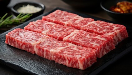 Juicy and Tender Wagyu Beef Cuts Arranged on a Black Slate Platter Ready for Grilling or Barbecuing in a Gourmet Kitchen Setting