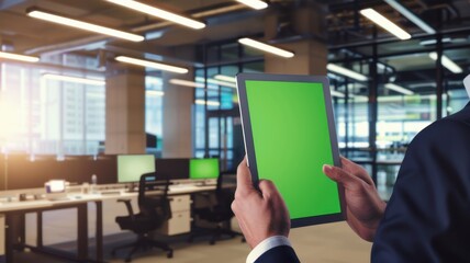 Businessman using digital tablet with green screen in modern office. Mock up
