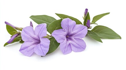Ruellia simplex flowering plant with purple blooms and green leaves isolated on white background showcasing natural beauty of Acanthaceae family
