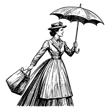 recommend clip art: women wear hat holding umbrella sketch engraving black and white outline. Scratch board imitation.
                    