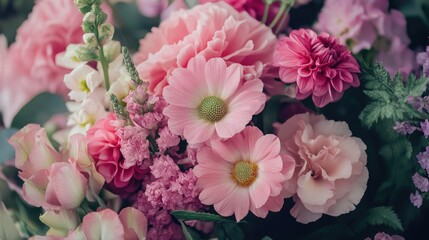 Fototapeta premium Charming floral arrangement showcasing a vibrant selection of delicate pink flowers with lush green foliage.