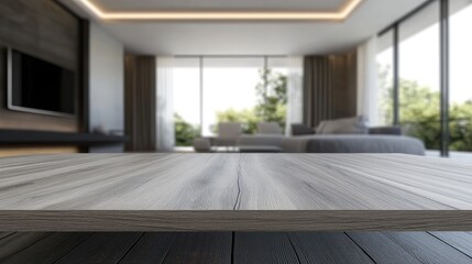 Fototapeta premium Modern Empty Wooden Tabletop for Product Display in Blurred Bright Kitchen and Living Room Environment