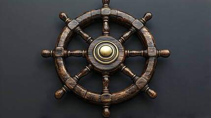 Obraz premium Dark Wooden Ship's Wheel on Black Background, Nautical Decor, Leadership Concept.