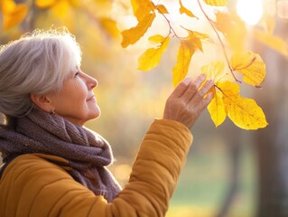 Senior woman appreciating vibrant autumn leaves on bare tree branch in serene park setting, soft sunlight illuminating scene, seasonal, nature, outdoor relaxation, large empty space for text.