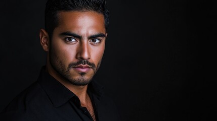 Obraz premium Fashion Studio Portrait of a Confident Man with Intense Expression in Black Shirt Against Dark Background