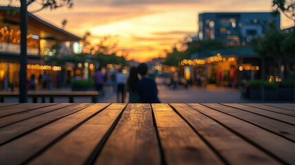 Fototapeta premium Wooden Table in Focus with Blurred Sunset Shopping Mall Background Evoking a Vintage Christmas Atmosphere