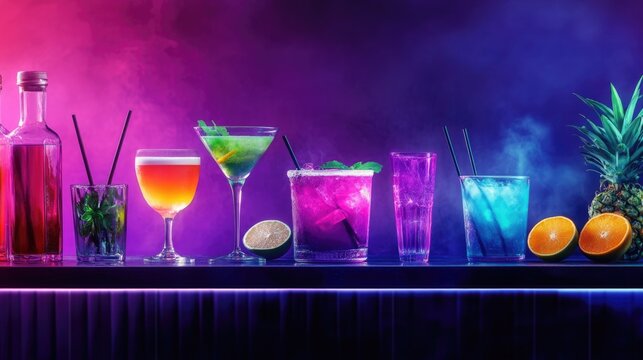 Bartender preparing colorful cocktails at bar counter with vibrant lighting, featuring neon pink and blue hues, assorted fruits and garnishes, and empty space for text