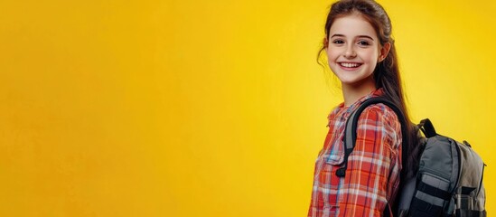Fototapeta premium Smiling Schoolgirl in Red Plaid Shirt Holding Black Backpack Against Bright Yellow Studio Background with Space for Text and Copy