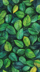 The image is a dense arrangement of green leaves with varying shades and some yellowing edges, creating a rich, natural texture