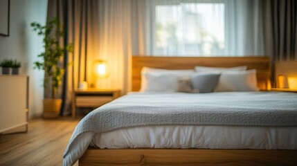 Empty Wooden Table in Cozy Bedroom with Soft Light and Blurred Background Ideal for Interior Design or Home Decor Concepts