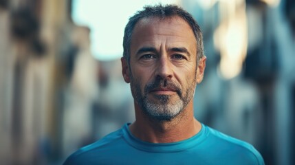 Fototapeta premium Middle-aged Portuguese man with salt-and-pepper beard wearing blue athletic shirt standing confidently in an urban street with soft focus background