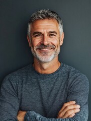 Obraz premium Smiling mature man with gray hair and beard in casual gray sweater against dark gray background expressing warmth and confidence with empty space for text