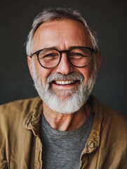 Obraz premium Smiling senior man with gray beard and eyeglasses in casual attire against a dark background showcasing joy and warmth with ample copyspace